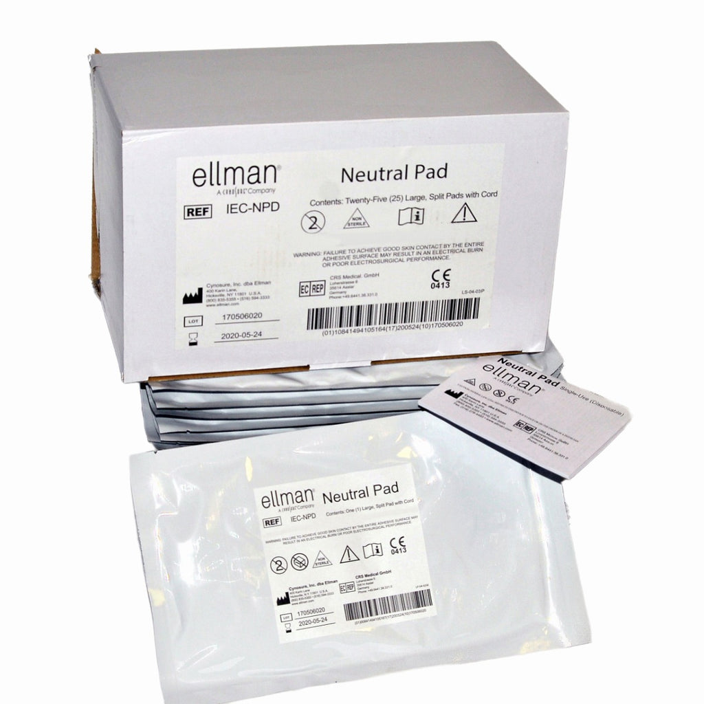 Ellman Cynosure Large Split Neutral Pads RF Electrosurgical w/Cord IEC-NPD x25Pc