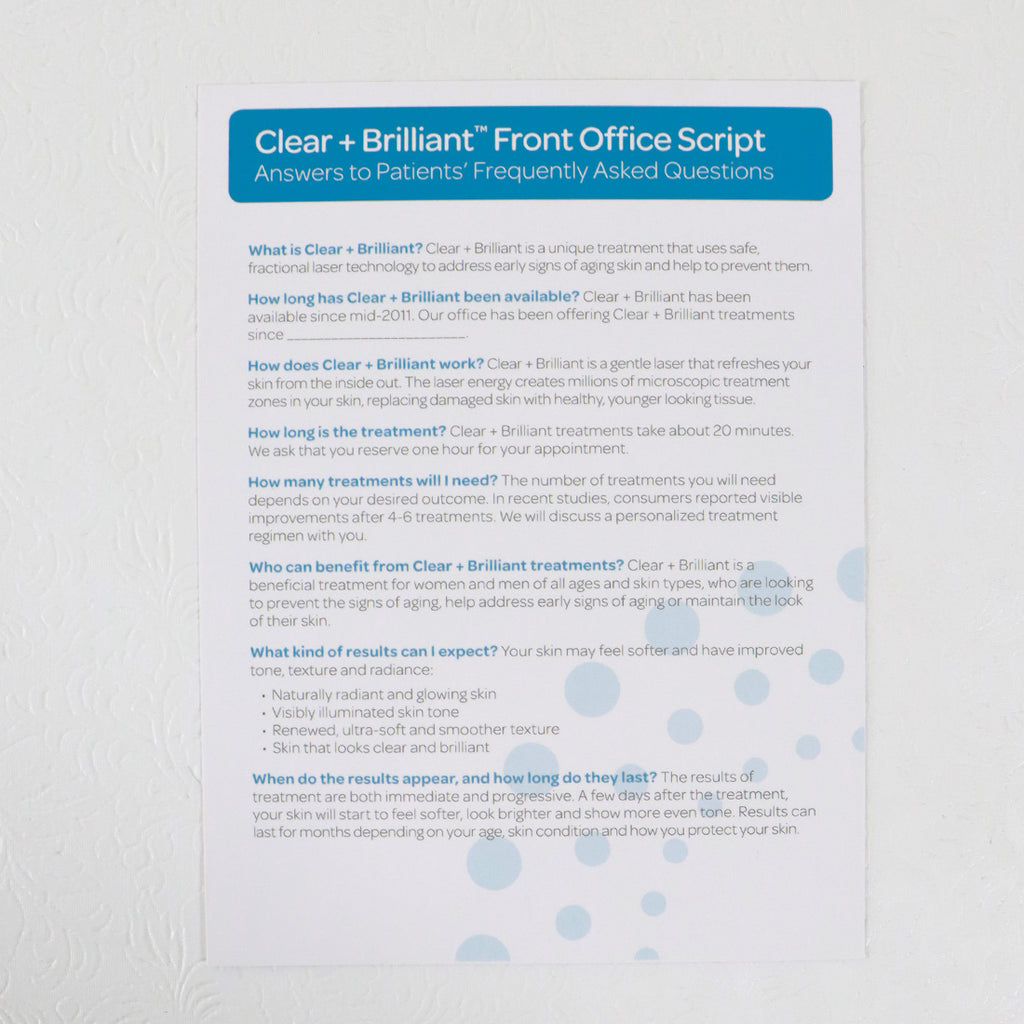 Solta Medical Clear + Brilliant Front Office Script FAQ Sheet MK1297A 2011