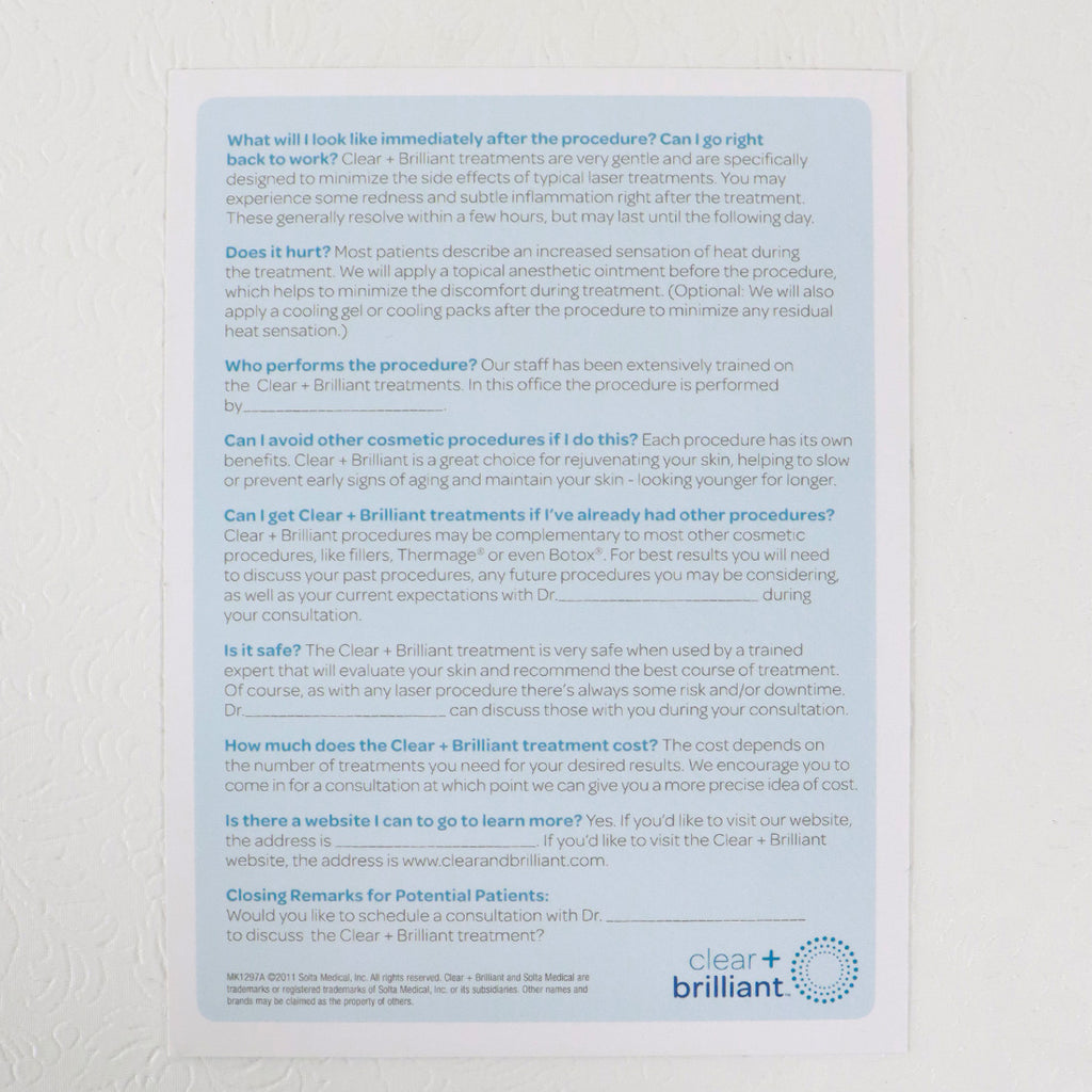Solta Medical Clear + Brilliant Front Office Script FAQ Sheet MK1297A 2011