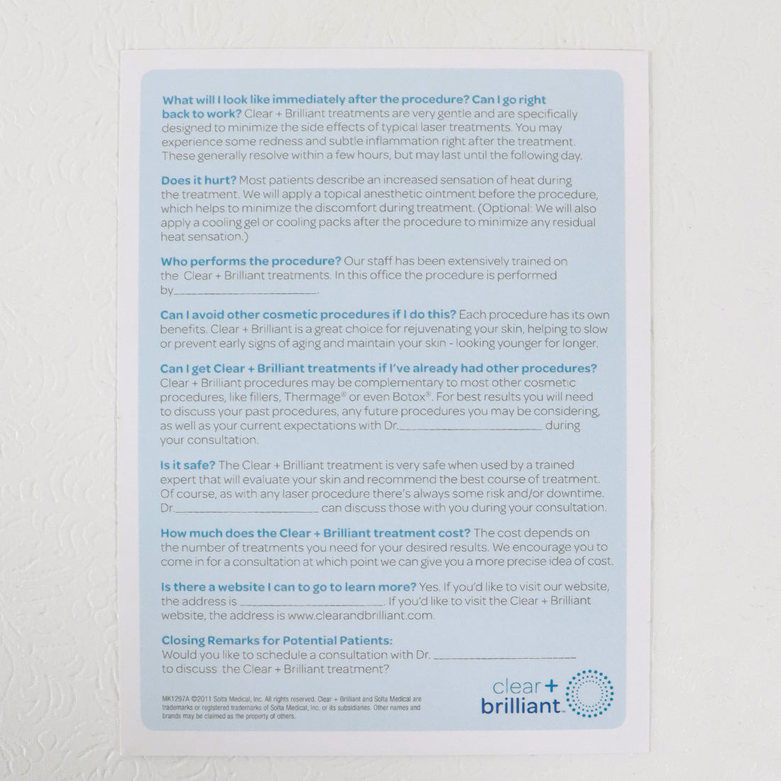 Solta Medical Clear + Brilliant Front Office Script FAQ Sheet MK1297A 2011