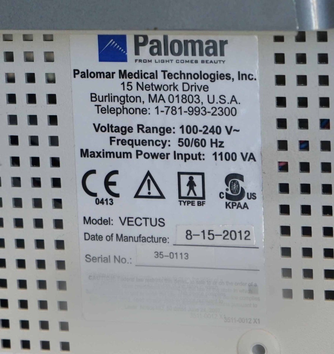 2012 Palomar Vectus 810 nm Diode Laser Hair Removal Cynosure Aesthetic Treatment