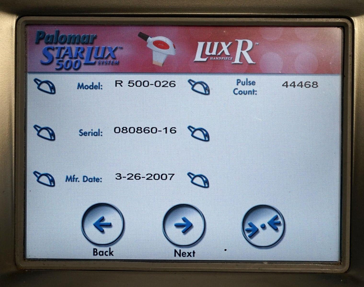 2007 Palomar StarLux LuxR 500 Handpiece HP 5520-R026 Rev X1