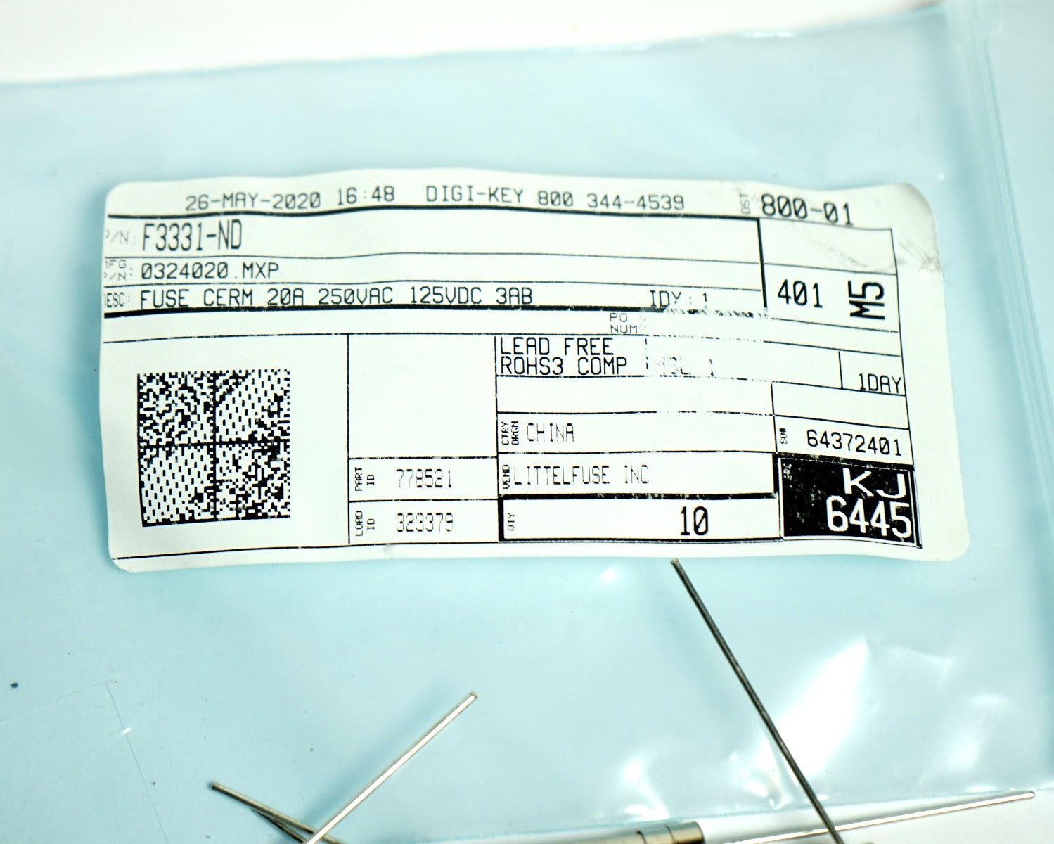 Digi-Key Ceramic Fuse 20A 250VAC 125VDC 3AB Littelfuse 20 Amp Lead Free x10 Pcs