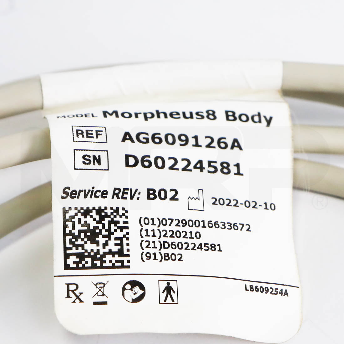 Morpheus8 Body applicator label: REF AG609126A, SN D60224581, manufactured 2022-02-10