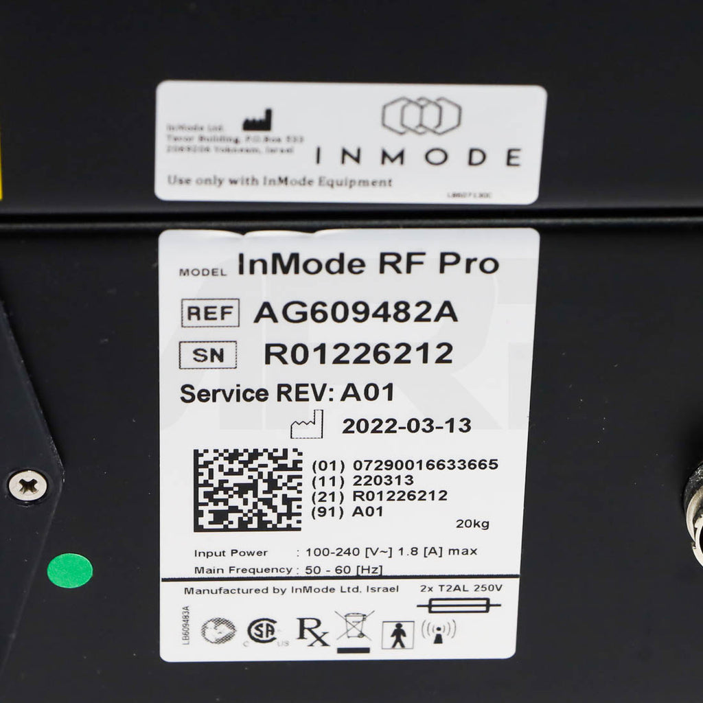 InMode RF Pro model label: REF AG609482A, SN R01226212, manufactured 2022-03-13