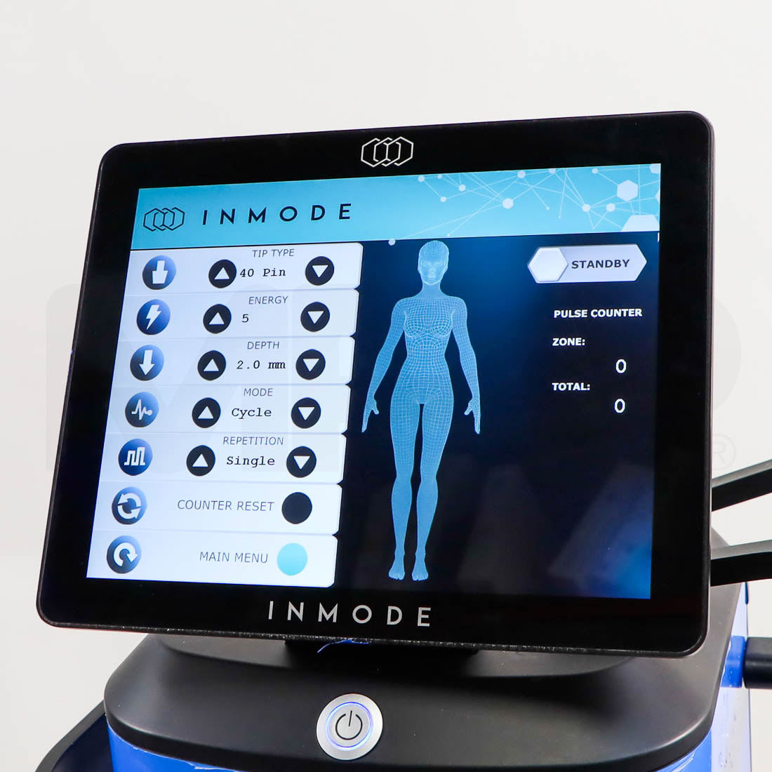 InMode RF Pro touchscreen showing Morpheus8 40-pin tip settings, energy, depth, and mode