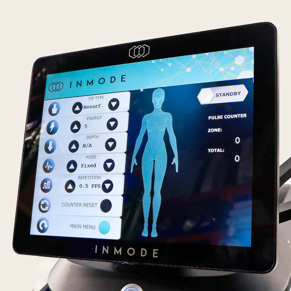 InMode RF Pro touchscreen showing Morpheus8 resurfacing tip settings in standby