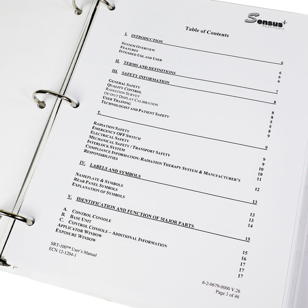 Sensus Healthcare SUPERFICIAL RADIATION THERAPY SYSTEM Documentation Pack Manual
