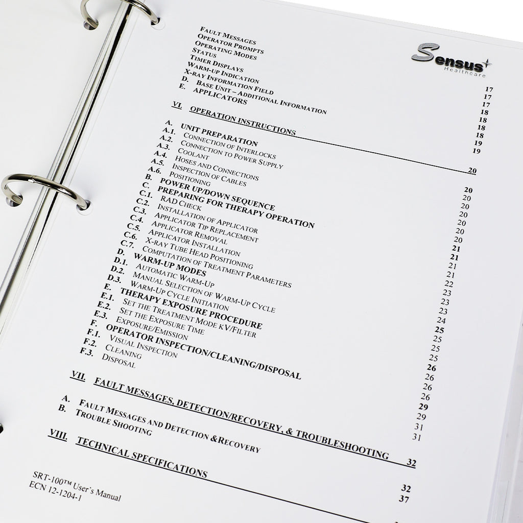 Sensus Healthcare SUPERFICIAL RADIATION THERAPY SYSTEM Documentation Pack Manual