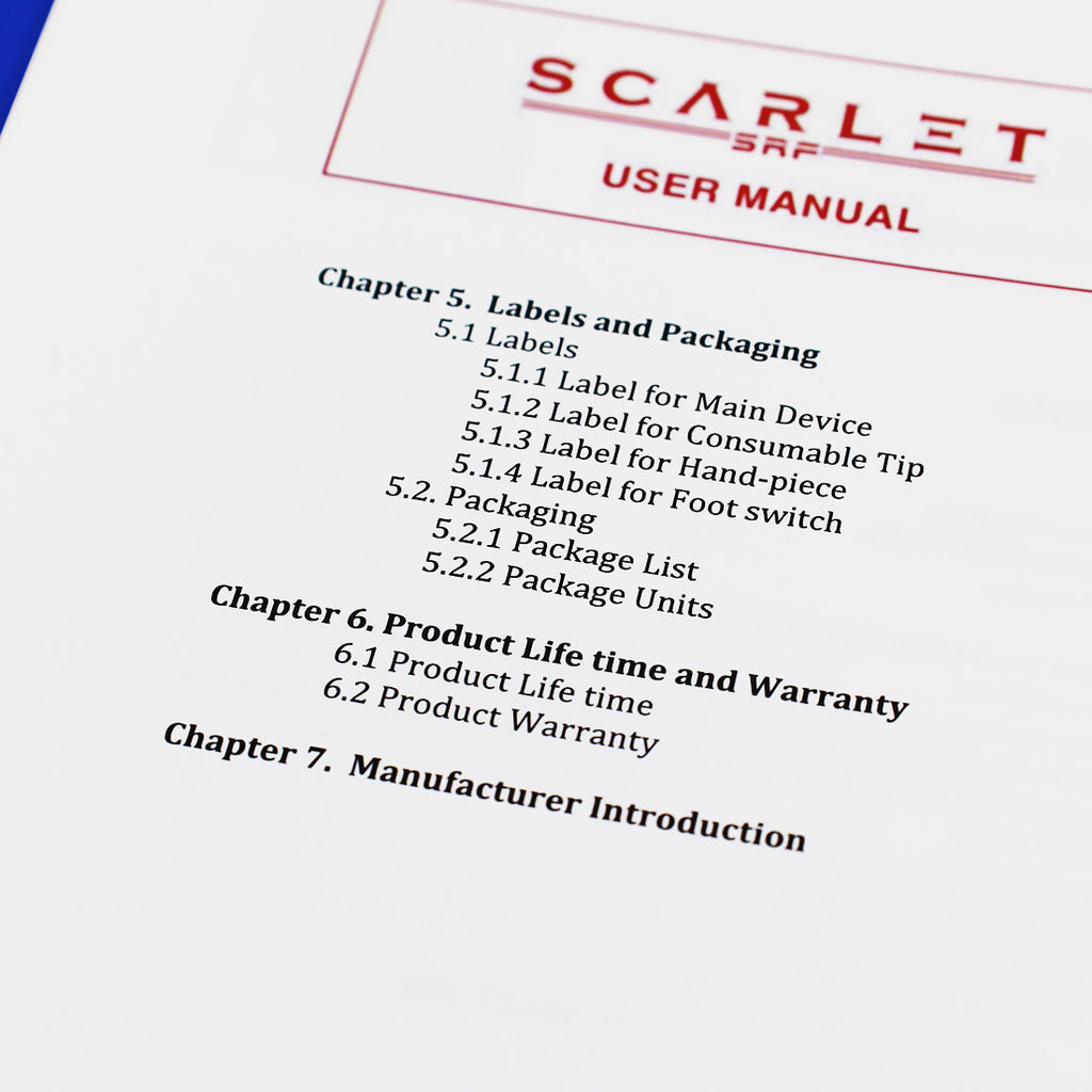 Scarlet SRF Microneedling RF Operator User Manual Operating Guide Specifications