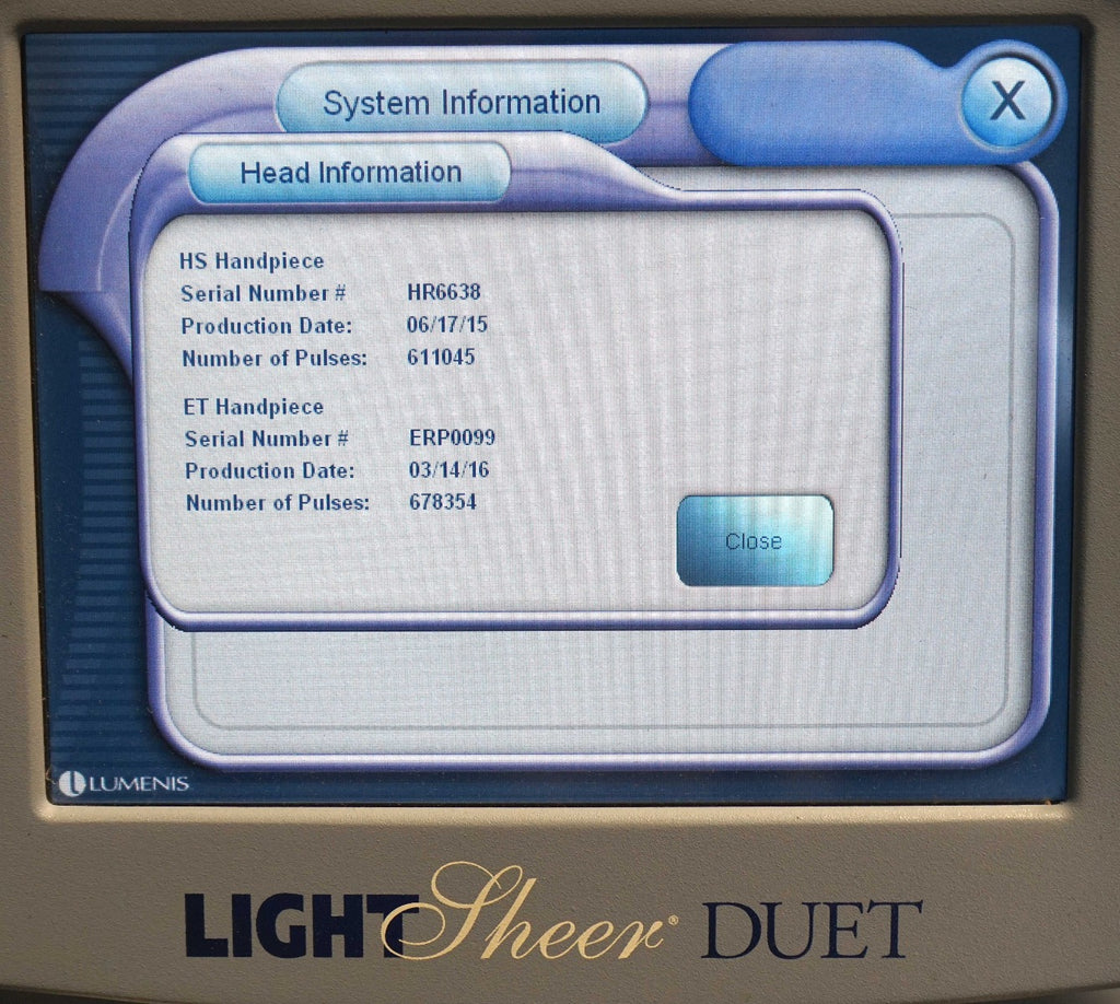 2009 Lumenis LightSheer Duet Laser ET HS 9x9mm 22x35mm Hair Removal Light Sheer