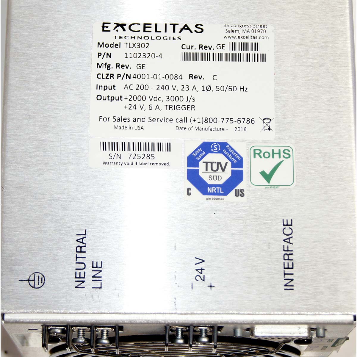 Excelitas High Voltage Power Supply TLX302 220V Candela 4001-01-0084 Parts As-Is