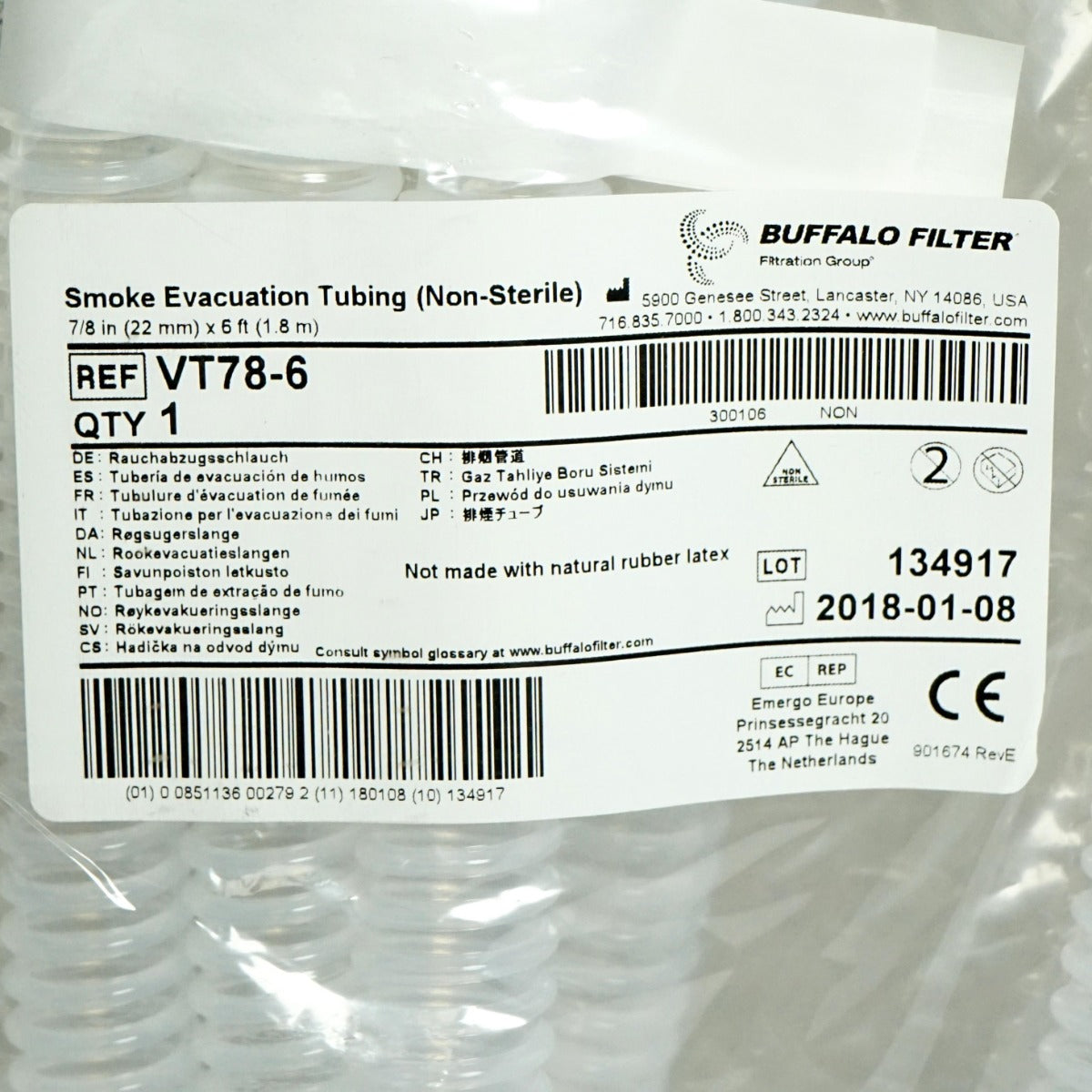 Buffalo Filter Smoke Evacuation Tubing Non-Sterile VT78-6 7/8" x 6' Clear Single