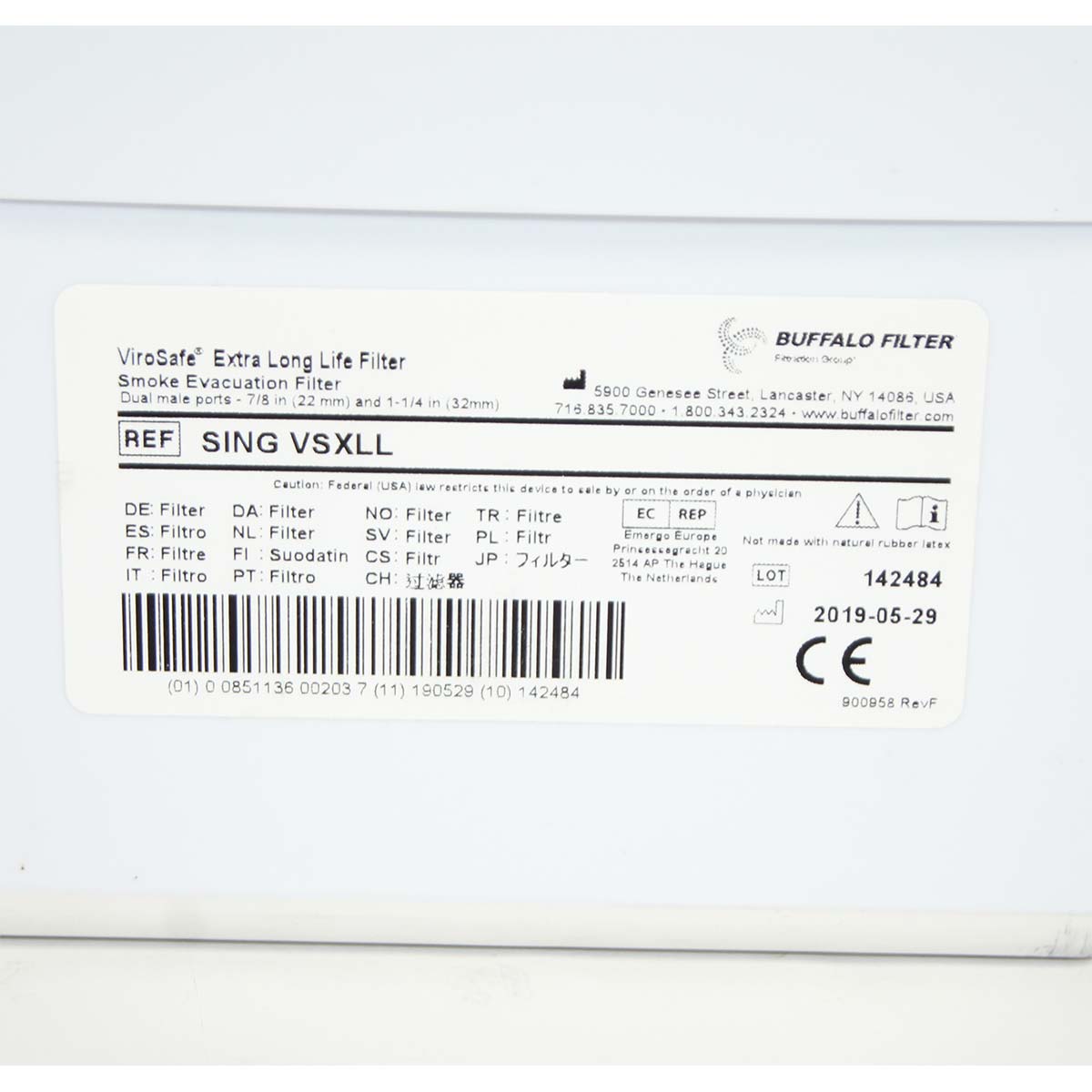 BUFFALO FILTER ViroSafe Extra Long Life Filter Smoke Evacuation SING VSXLL 50%