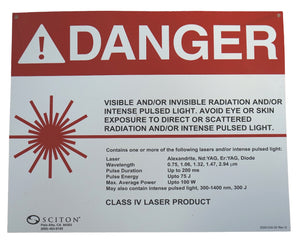 Sciton DANGER Warning Class IV Laser Product 2500-034-00 G 8"x10" Wall Door Sign
