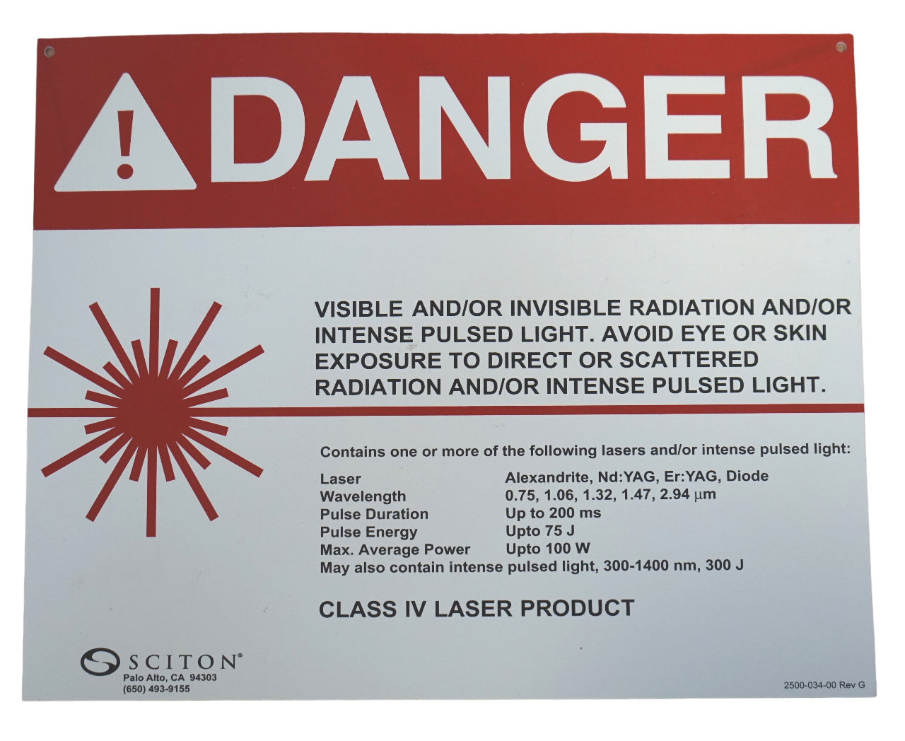 Sciton DANGER Warning Class IV Laser Product 2500-034-00 G 8"x10" Wall Door Sign