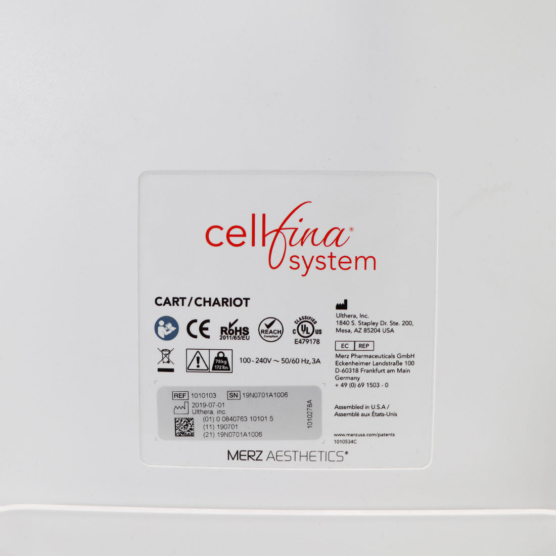 2019 Ulthera Cellfina Workstation Medela Dominant Flex Aspirator System w/Cart