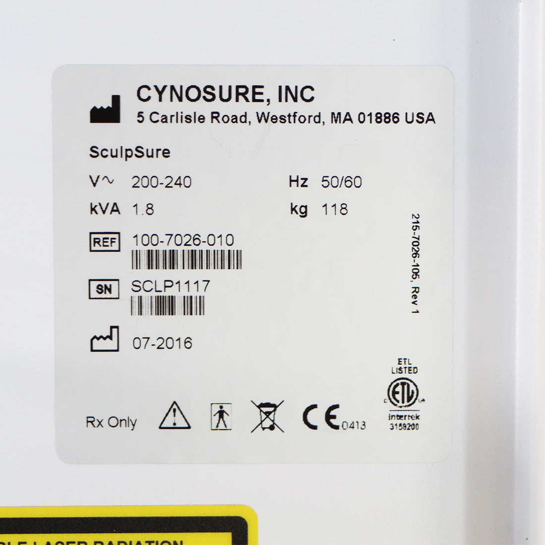 2016 Cynosure SculpSure Non-Invasive 1060nm Diode Laser Body Sculpt Contour
