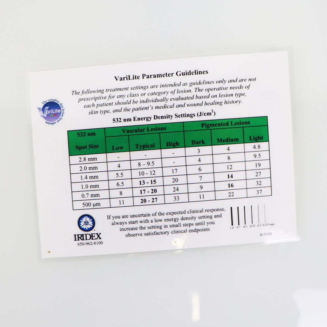 Iridex VariLite Vascular Lesions Hair Removal Parameter Guidelines User Settings