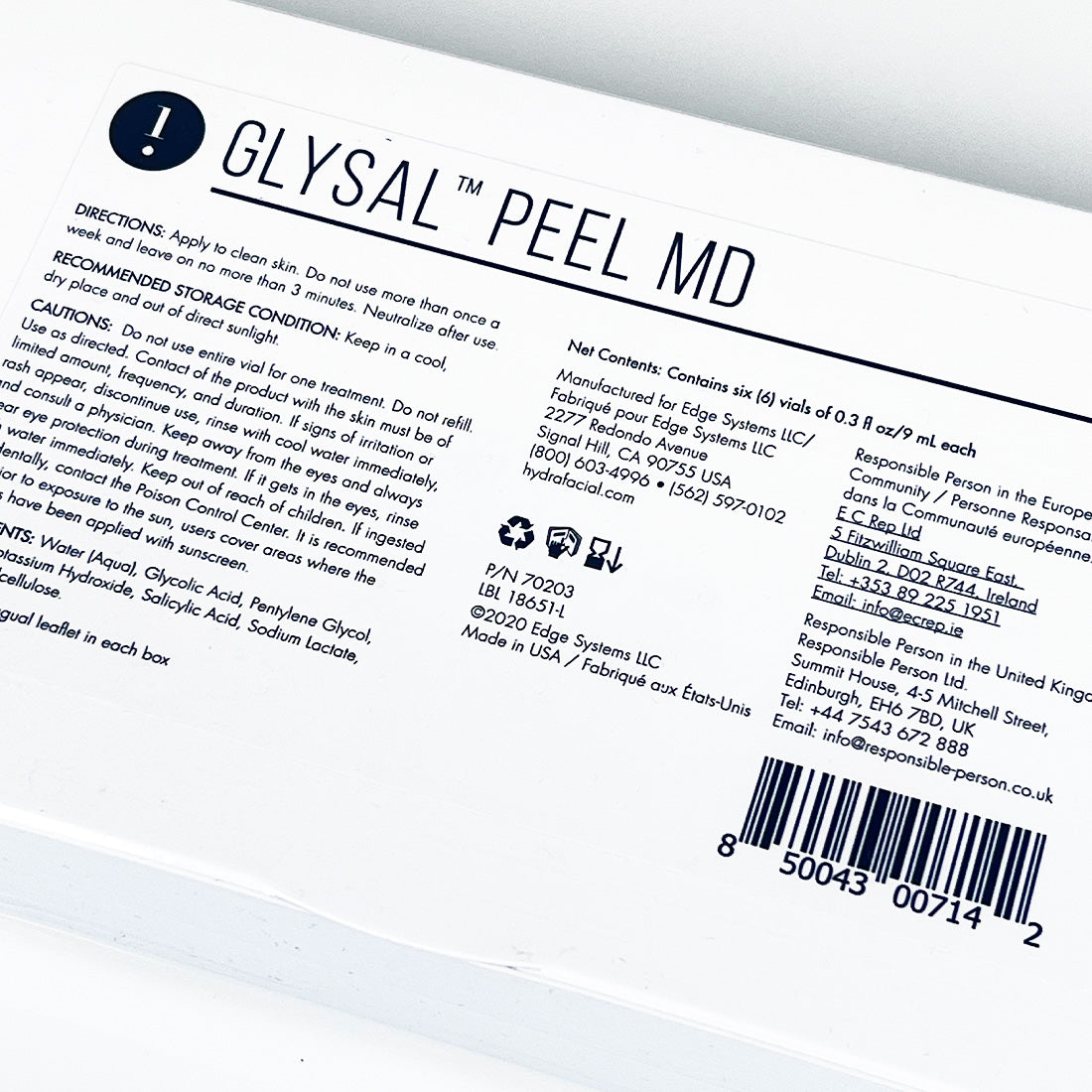 Edge Systems Hydrafacial Glysal Peel MD Glycolic Salicylic Acid Serum x6 Vials