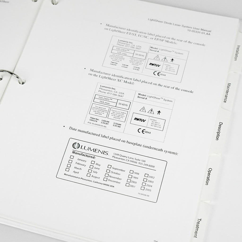 Lumenis LightSheer Diode Laser OPERATOR MANUAL User Instruction Guide Treatments