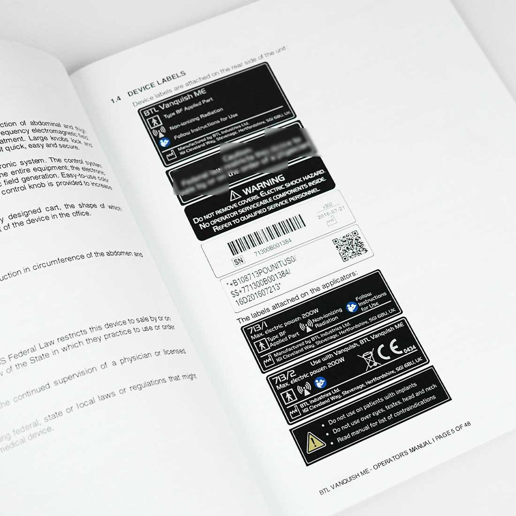 BTL Vanquish ME RF Operator Manual User Training Guide Operating Instructions