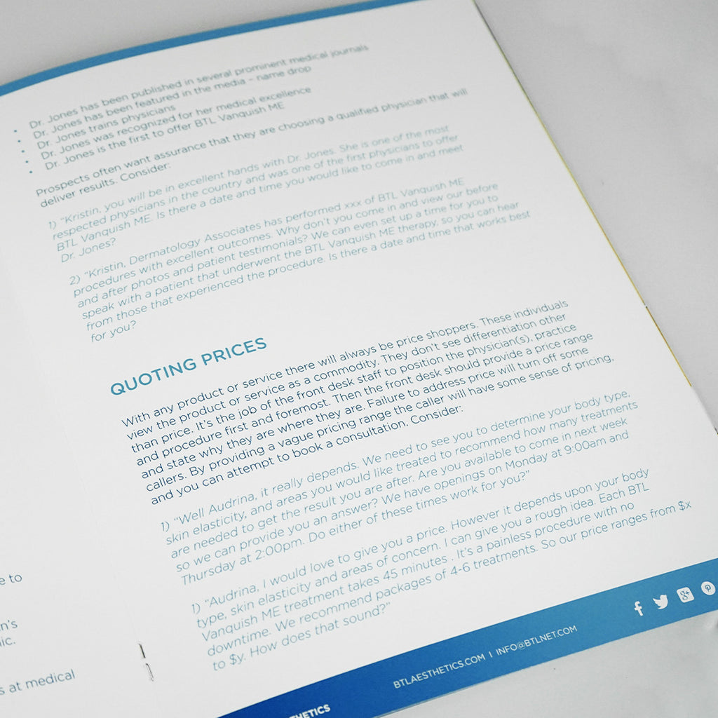 BTL Aesthetics Vanquish ME Phone Consultation Guide User Manual Training Book