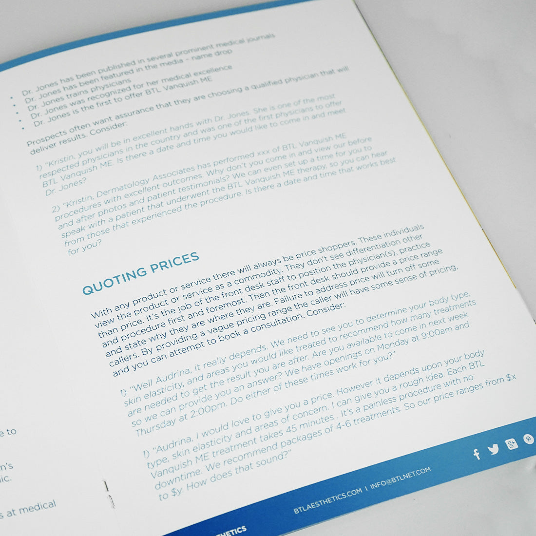 BTL Aesthetics Vanquish ME Phone Consultation Guide User Manual Training Book