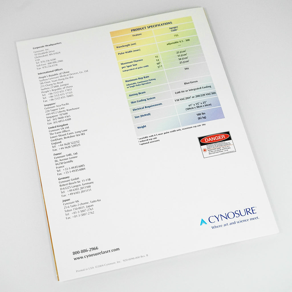 Cynosure Apogee 5500 Dual Application Laser Hair Removal Marketing Brochure x1Pc
