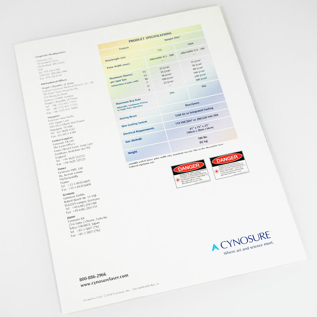 Cynosure Apogee 5500 Elite Laser Patient Marketing Office Product Brochure x1 Pc