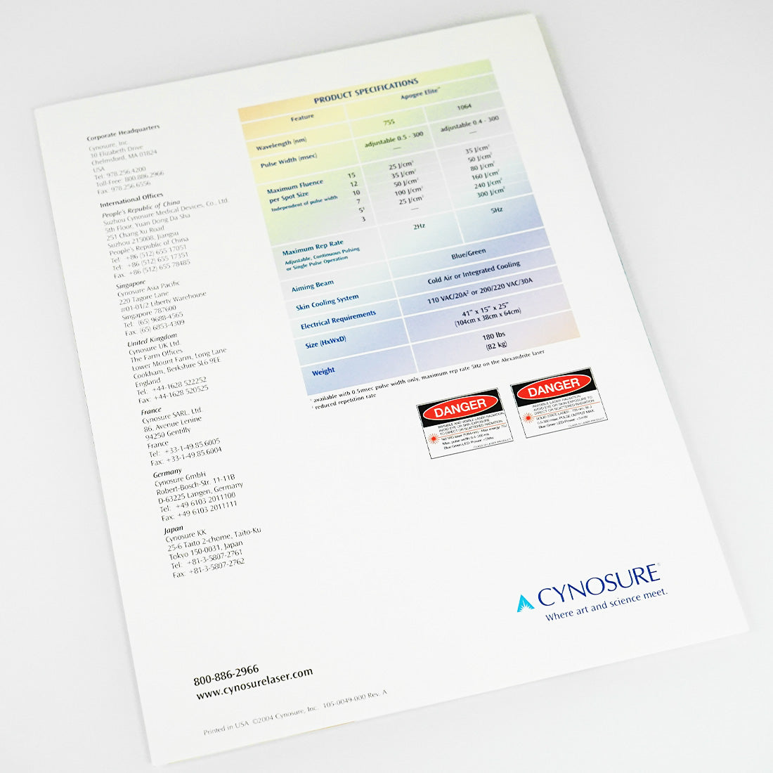 Cynosure Apogee 5500 Elite Laser Patient Marketing Office Product Brochure x1 Pc