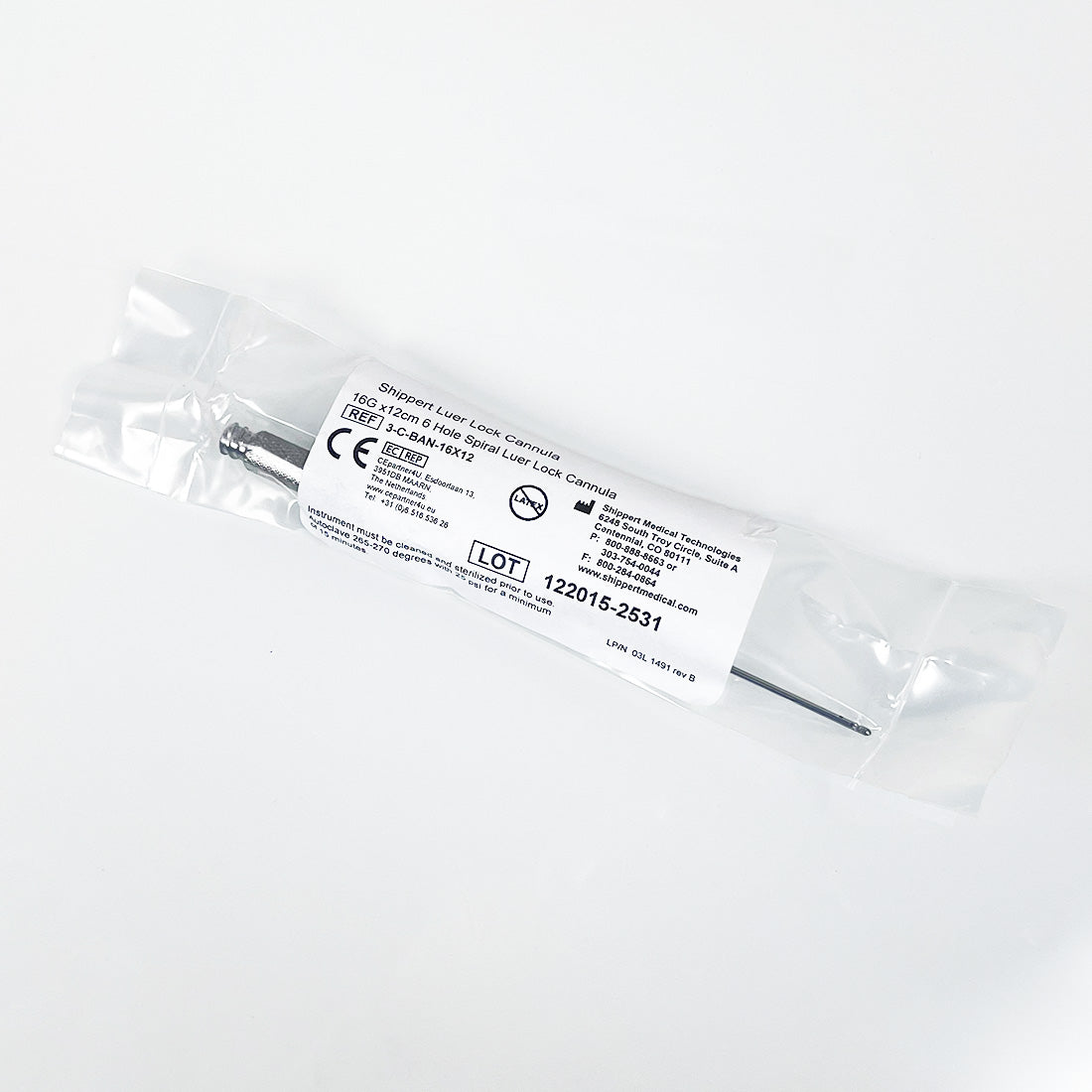 Shippert Luer Lock 16G x 12cm 6 Hole Spiral Blunt Nose Cannula Lok 3-C-BAN-16x12
