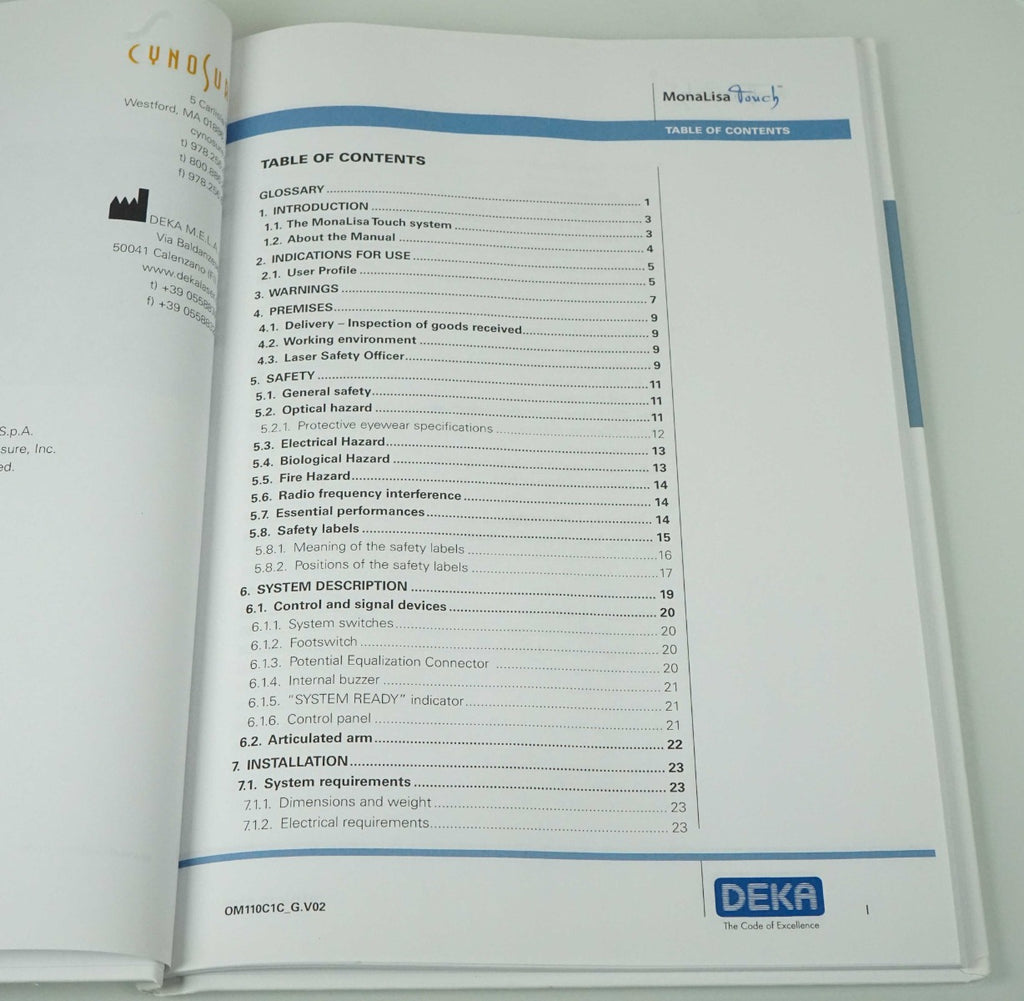 DEKA SmartXide MonaLisa Touch Laser Operator Manual User Guide Operation Safety
