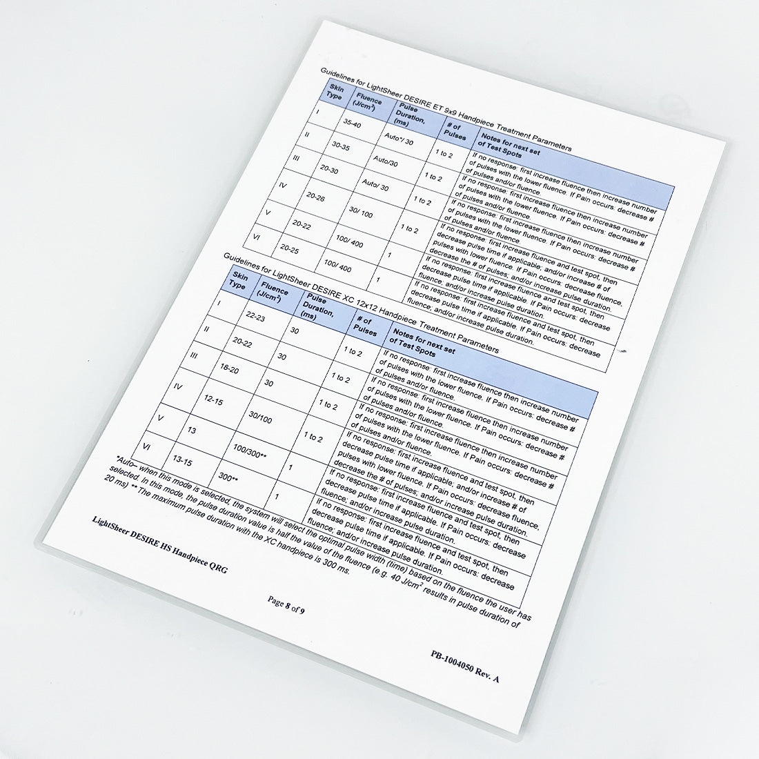 Lumenis LightSheer DESIRE ET Handpiece QRG Treatment Guidelines User Settings