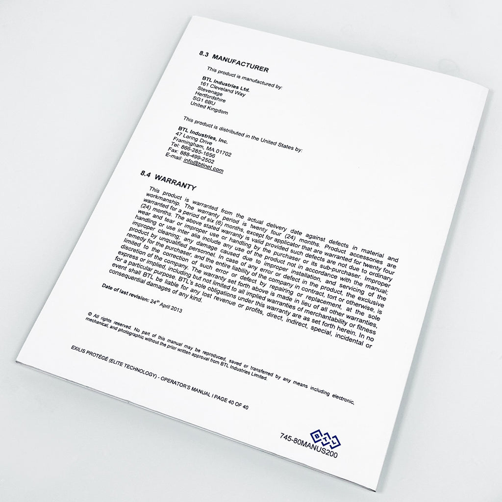 BTL Exilis Protege Operator's Manual 2013 745-80MANUS200 Elite Technology Book