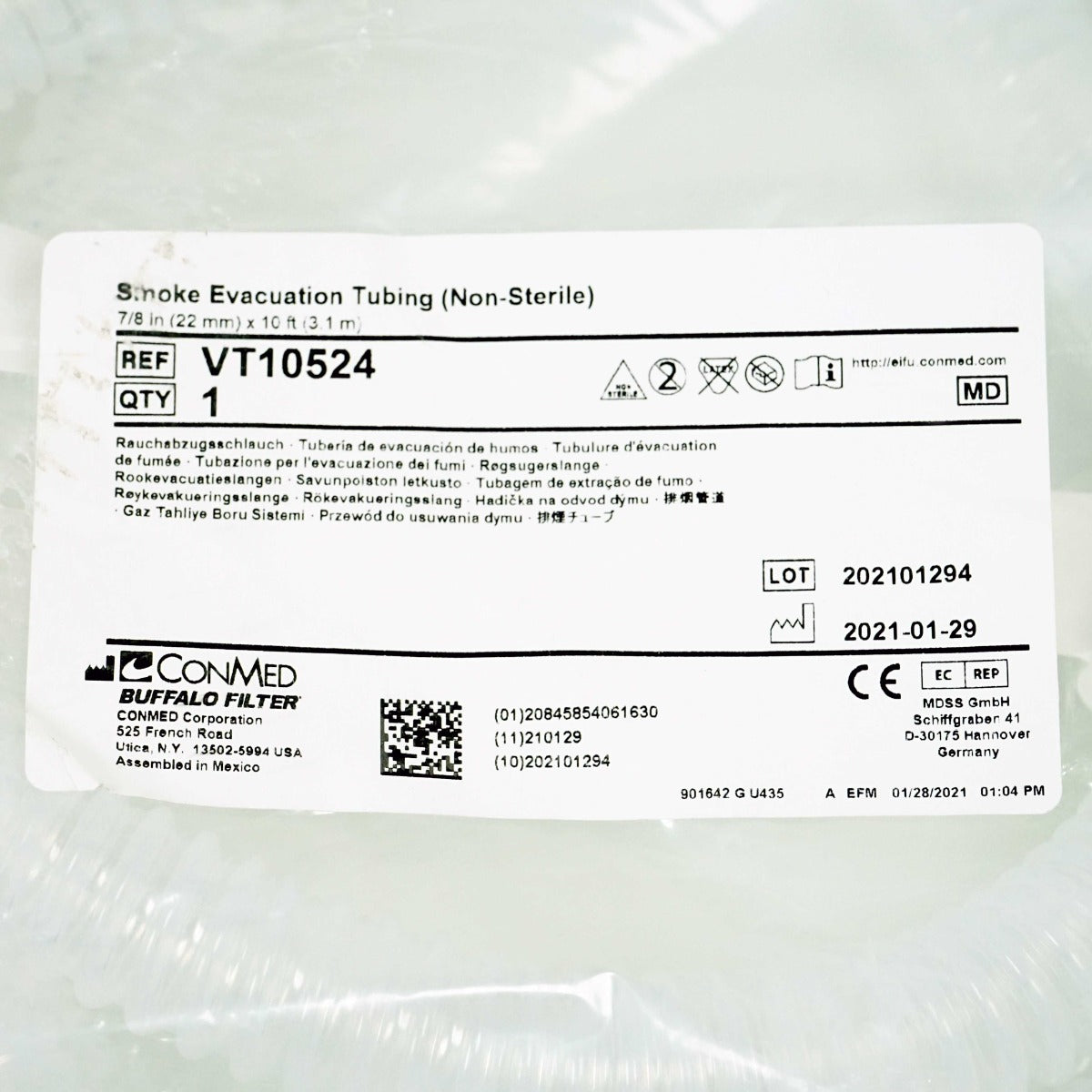 ConMed Buffalo Filter Smoke Evacuation Tubing Non-Sterile 7/8" x 10' Clear NEW