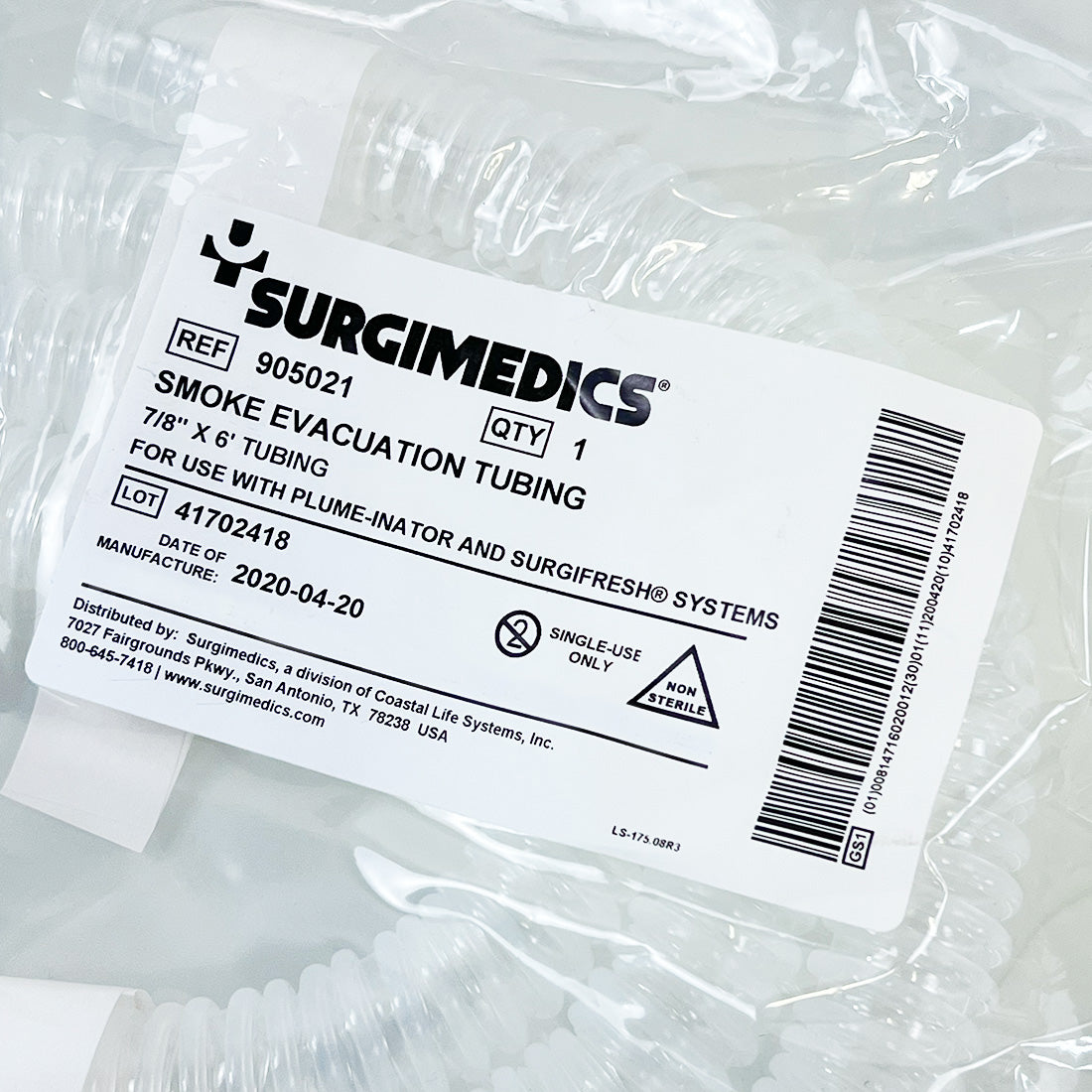 SurgiMedics Smoke Evacuation Tubing 7/8" x 6' 905021 Plume-Inator Surgifresh New
