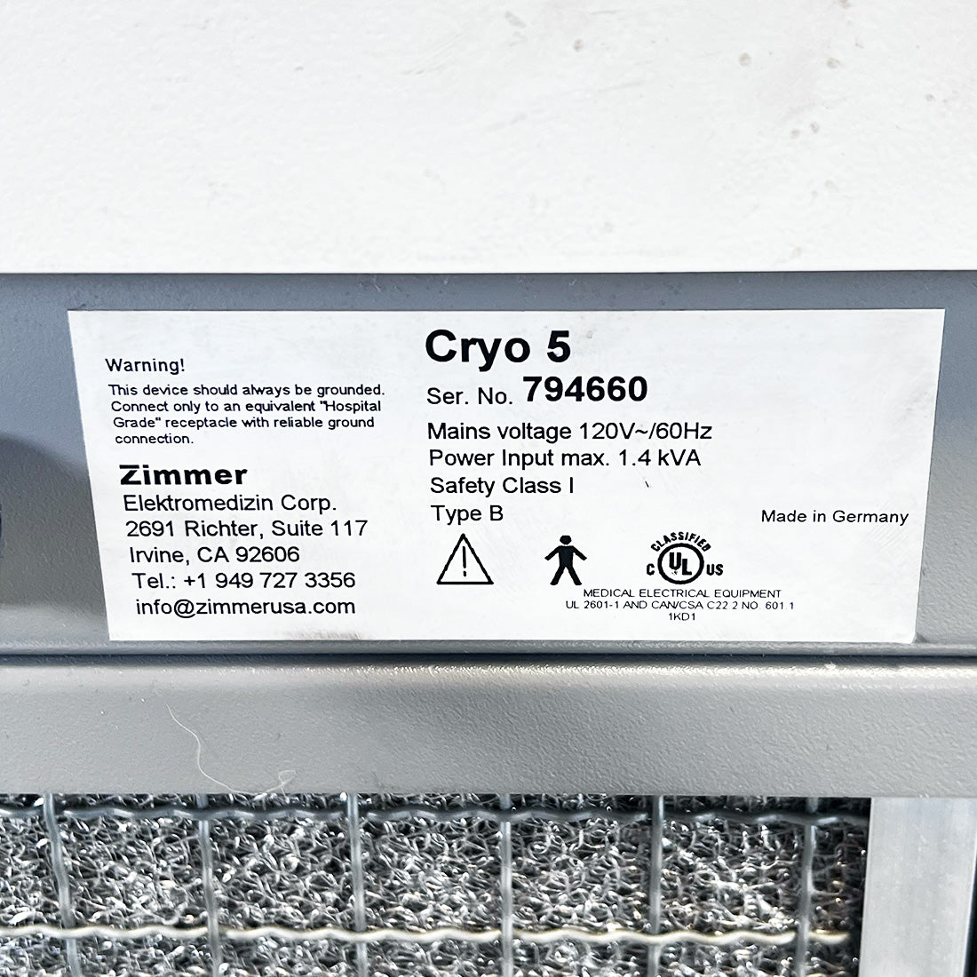 Zimmer Cryo 5 Chiller Air Cooler System Tall Rolling Cart 120V