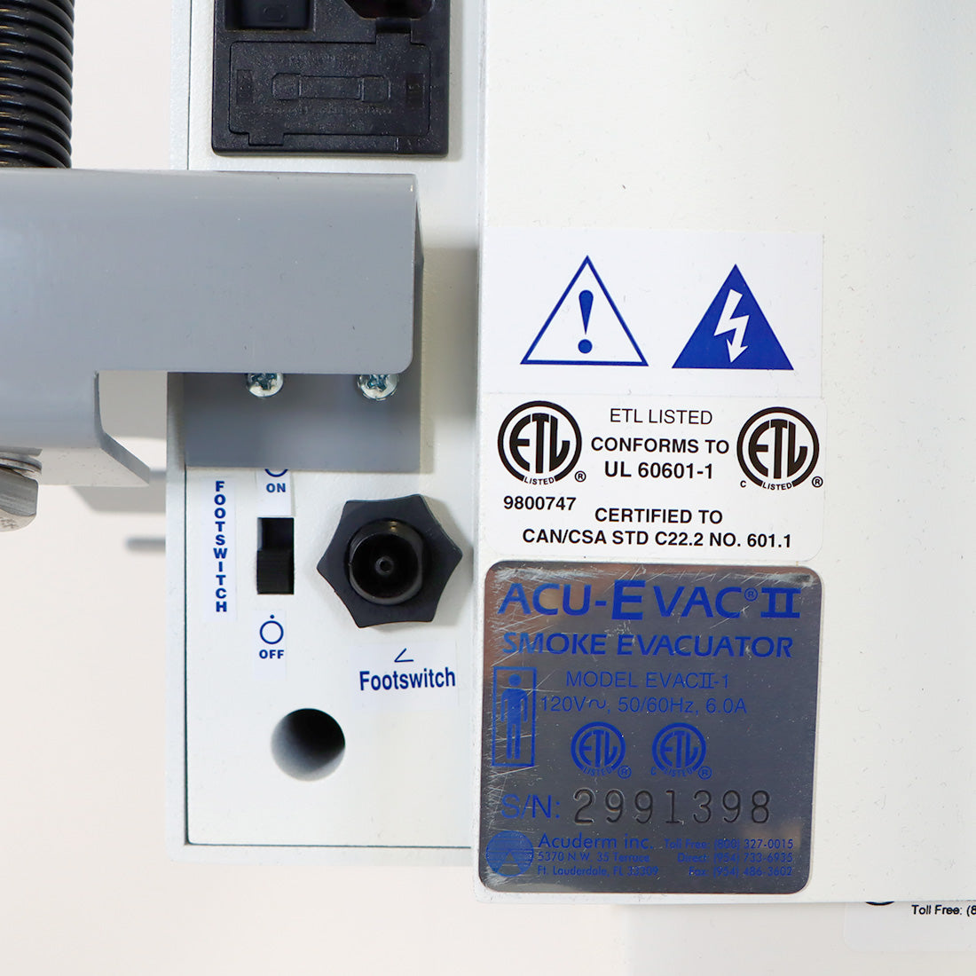 Acuderm ACU-EVAC II Smoke Evacuator System EVACII-1 with Cart