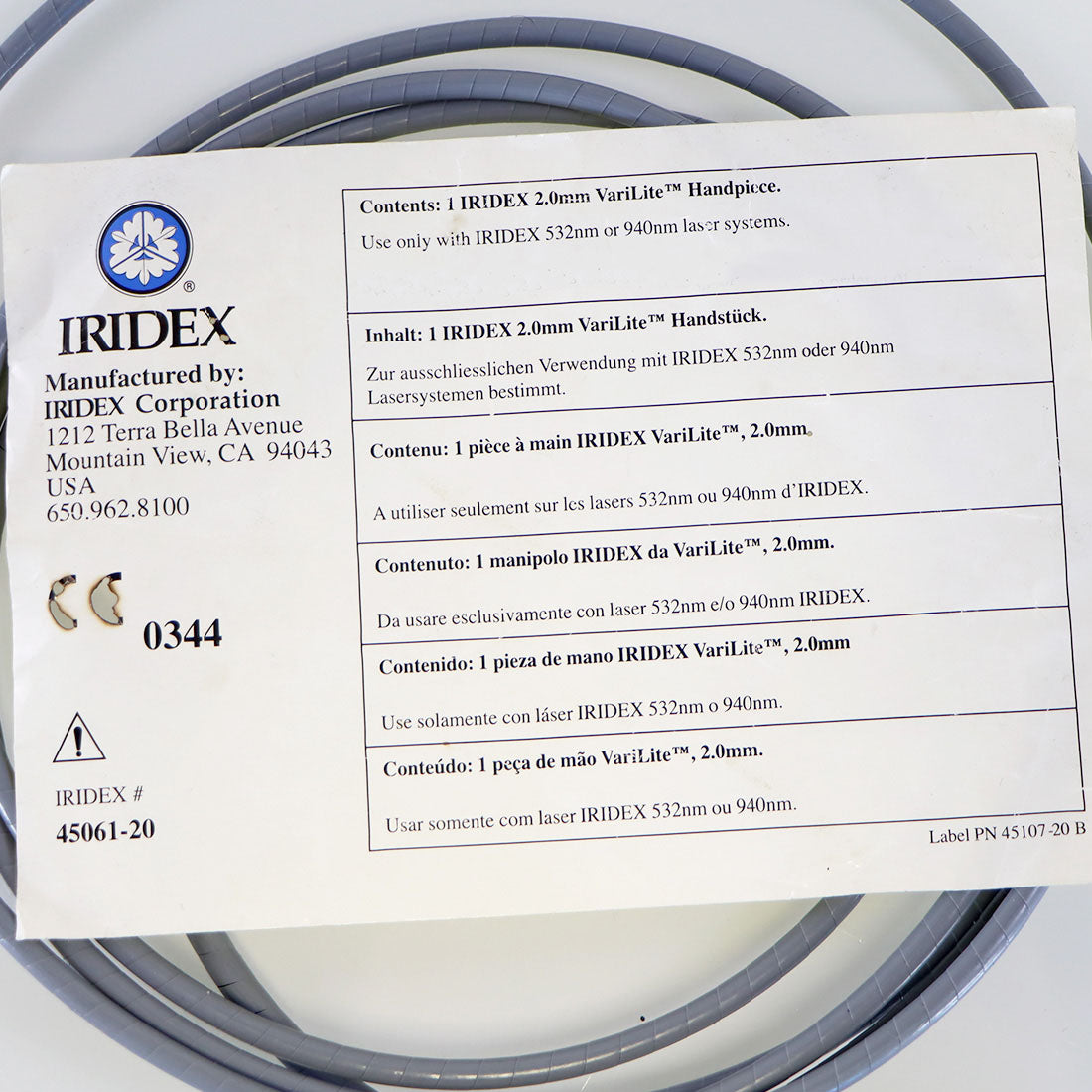 Iridex VariLite Laser Fiber Handpiece 2.0mm 532nm 940nm & Fiber 45061-20 Lesions