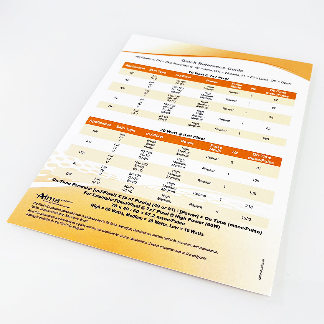 Alma Lasers Pixel CO2 Quick Reference Guide Sheet QRGPCO270201108 iPixel C02