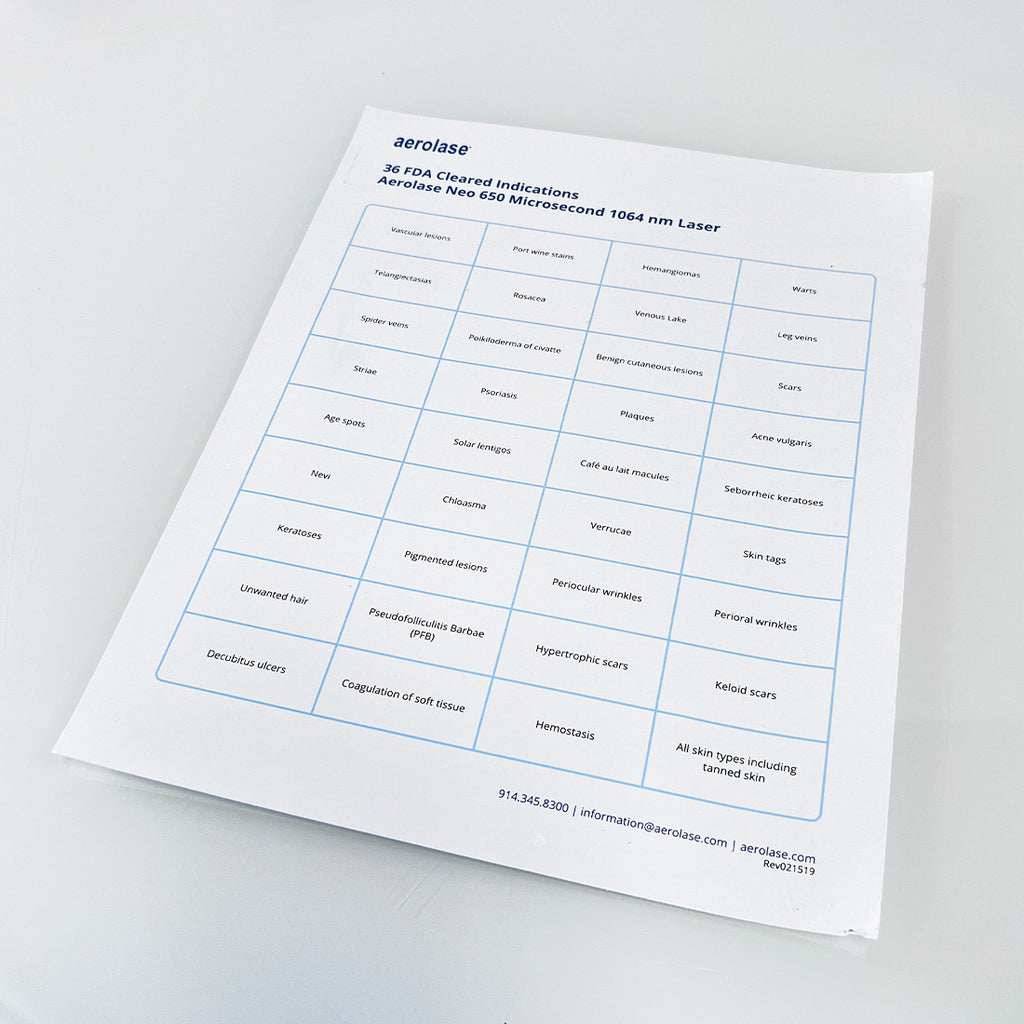 Aerolase Neo 650 Microsecond 1064nm Laser FDA Cleared Indications Cheat Sheet