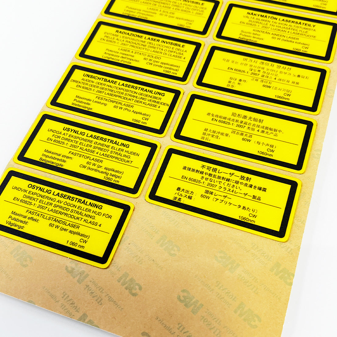 Laser Radiation Invisible Yellow Black Warning Stickers 11 Languages Non-English