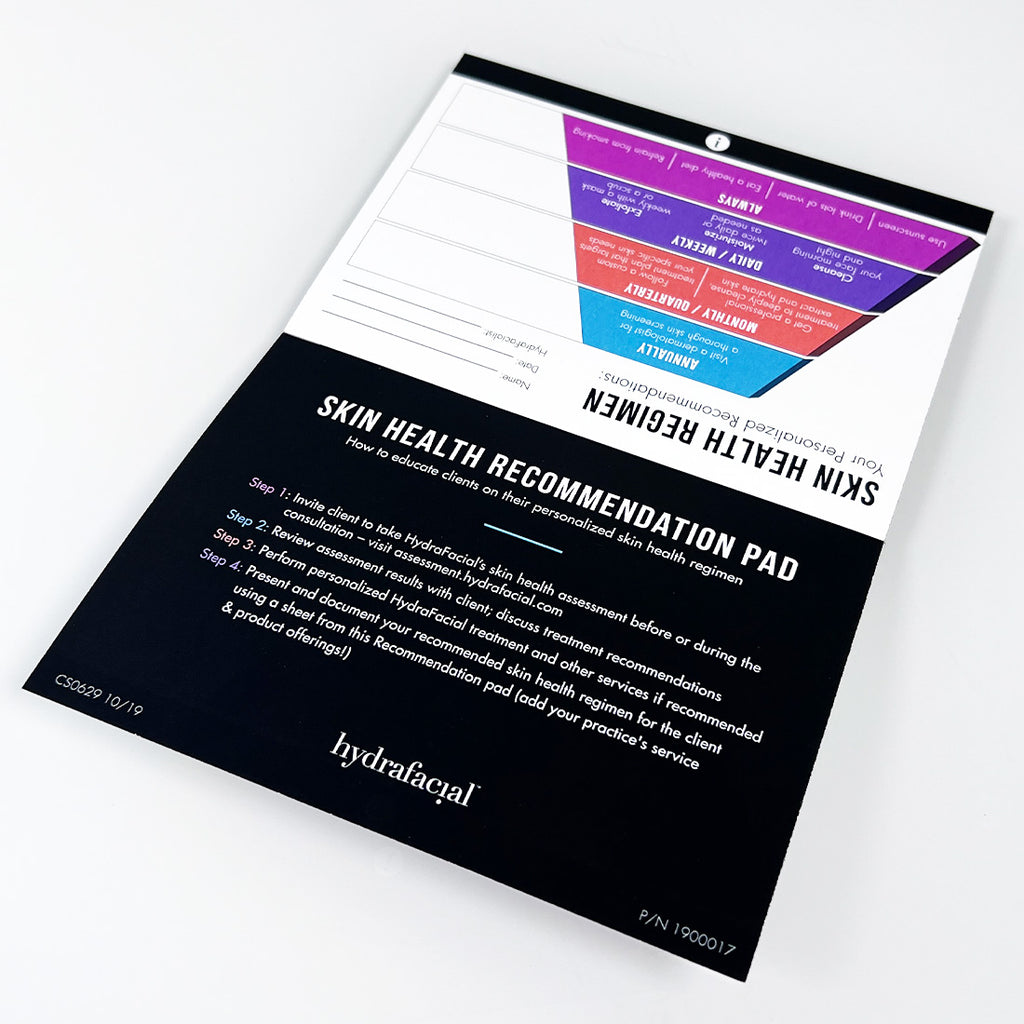 Edge Hydrafacial Patient SKIN HEALTH RECOMMENDATION PAD Regimen Form 20+ Sheets