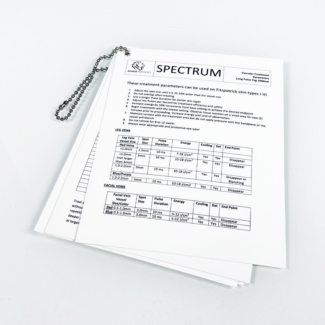 Rohrer Aesthetics Spectrum Treatment Parameter Guide Vascular Erbium IPL Diode