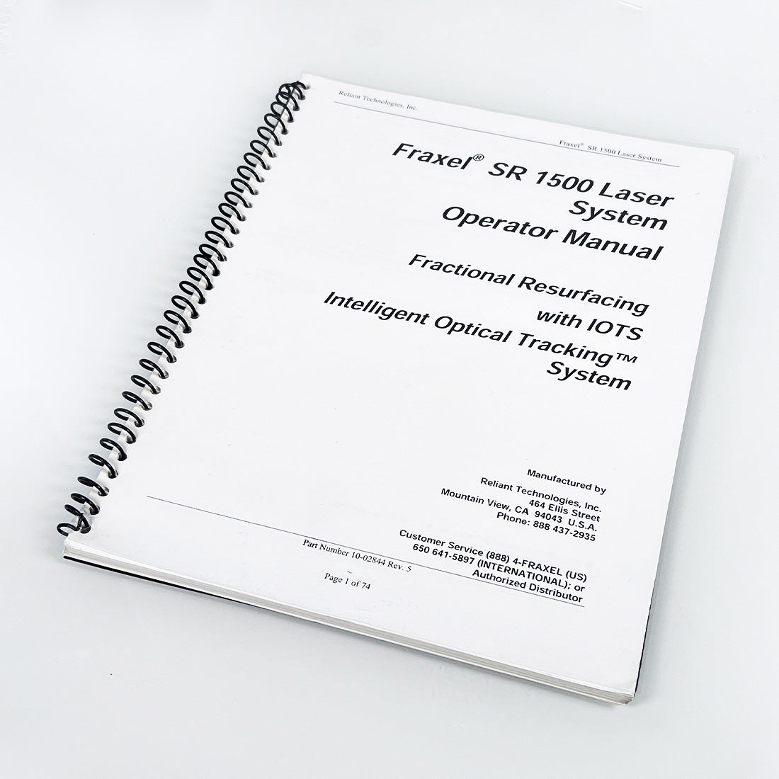 Reliant Technologies Fraxel SR1500 Laser User Operator Manual Operation Guide