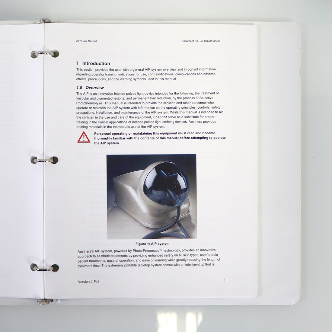 Aesthera AIP.1 2005 User Manual 40-00500-00.AA Version 0.18a Hardcover Binder