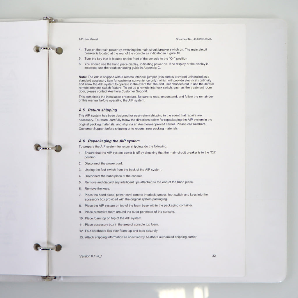 Aesthera AIP.1 2005 User Manual 40-00500-00.AA Version 0.18a Hardcover Binder