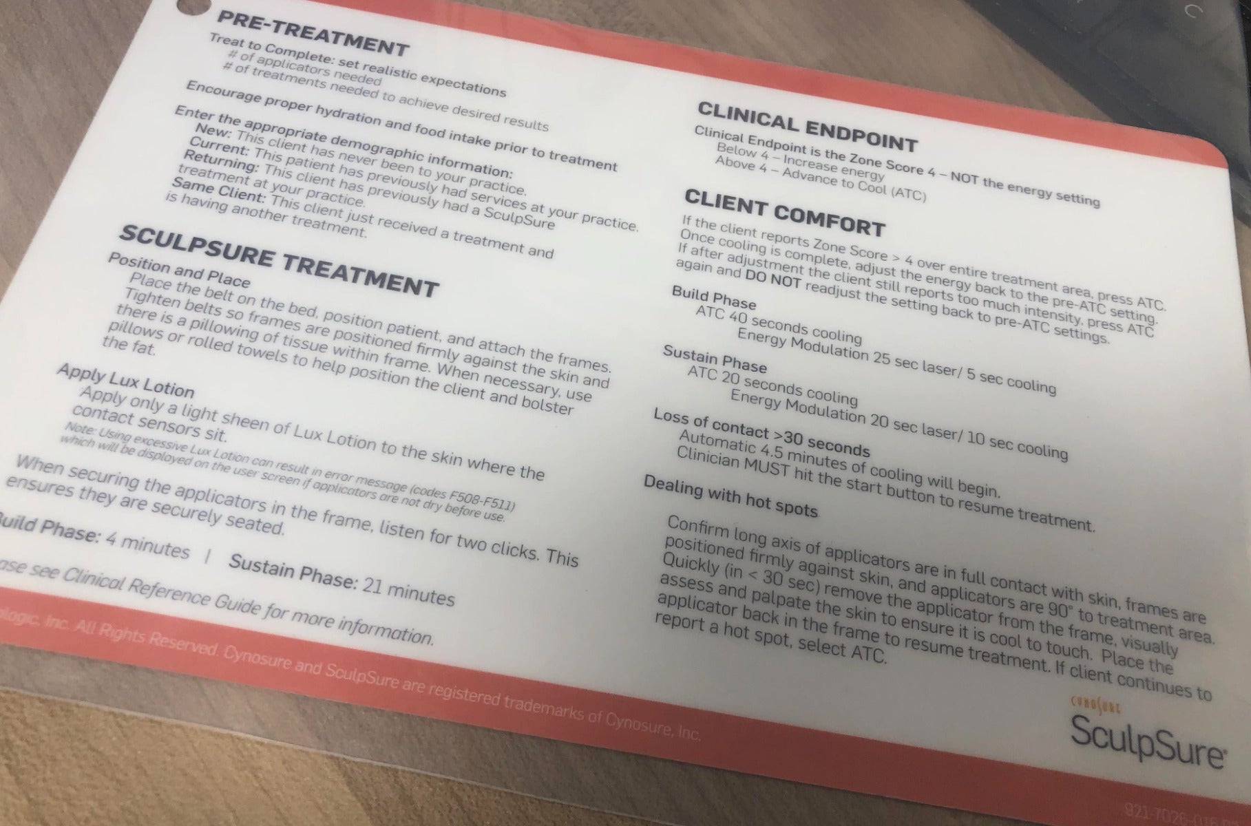 Cynosure SculpSure Zone Score Adjustment Chart Body Treatment Reference Card