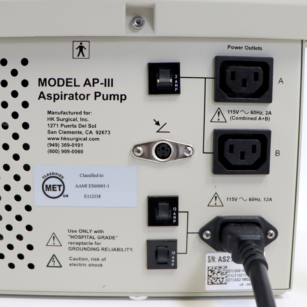 HK Surgical Aspirator Pump AP-III 115V with Valet Cart 42in Tall Vacuum 85-LPM